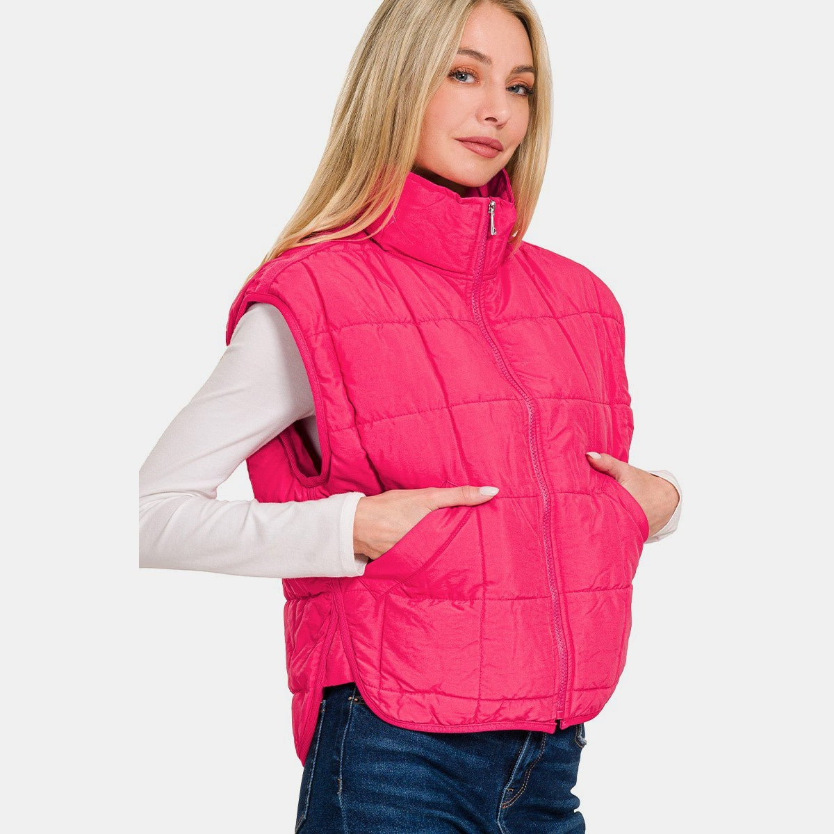 Zenana Zip Up Cropped Puffer Vest with Pockets