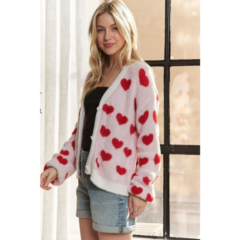 ADORA Fuzzy Heart Button Down Cardigan