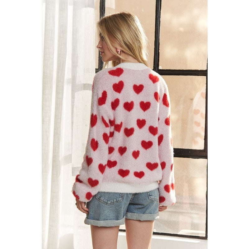 ADORA Fuzzy Heart Button Down Cardigan