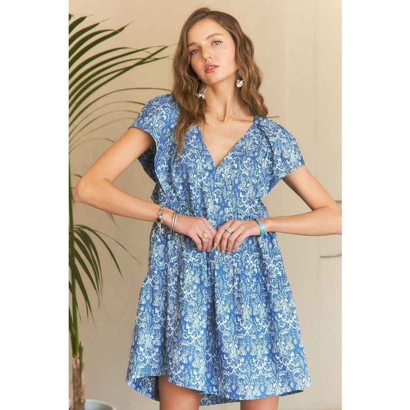 ADORA Printed V-Neck Ruffle Sleeve Mini Dress