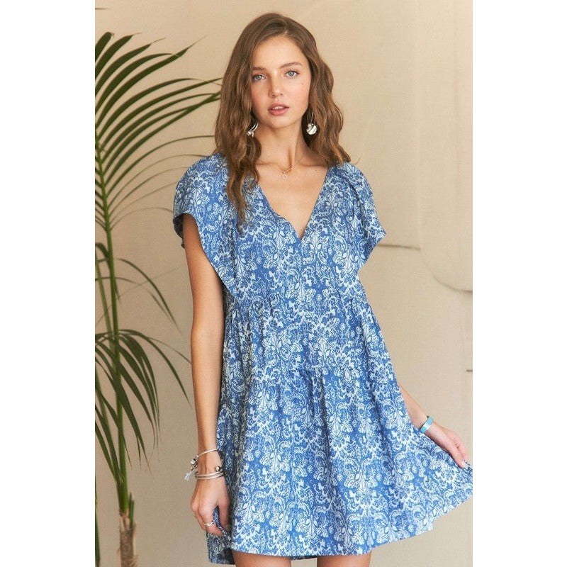 ADORA Printed V-Neck Ruffle Sleeve Mini Dress