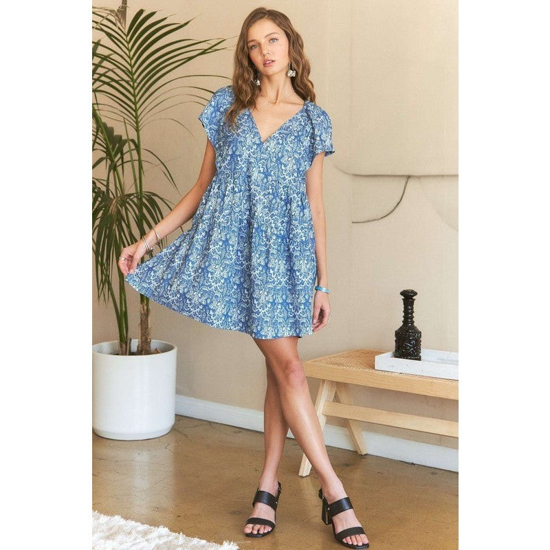 ADORA Printed V-Neck Ruffle Sleeve Mini Dress