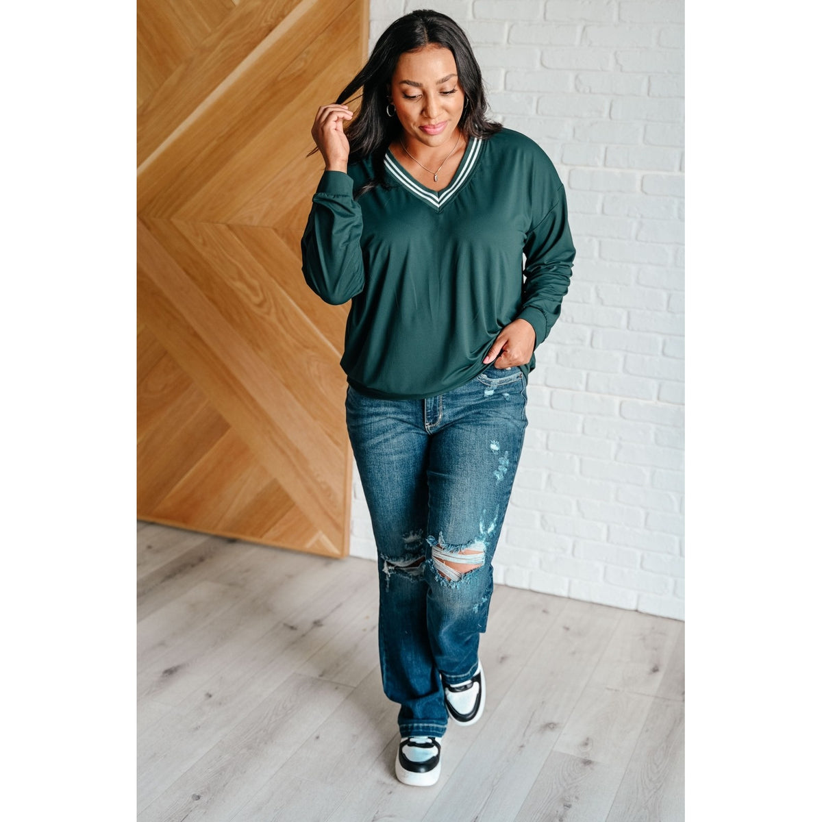 All Out Comfort V-Neck Pullover in Midnight Green