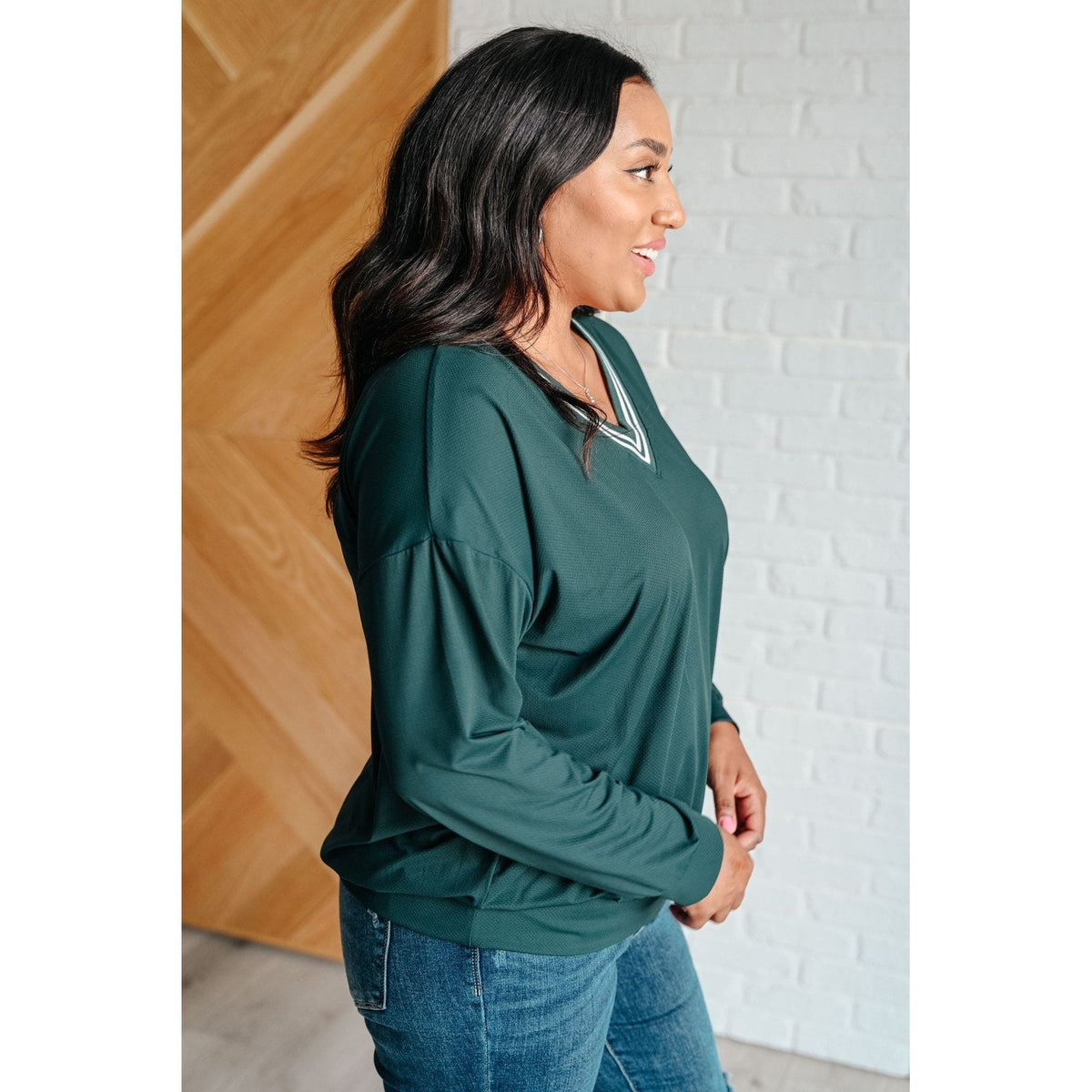 All Out Comfort V-Neck Pullover in Midnight Green