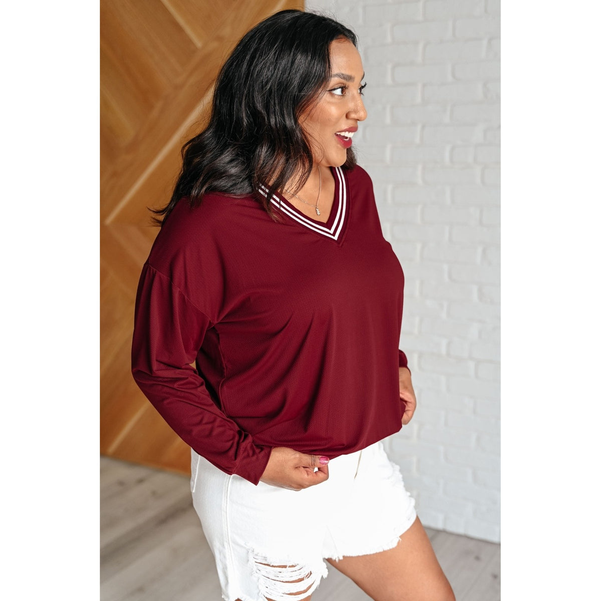 All Out Comfort V-Neck Pullover in Red Merlot