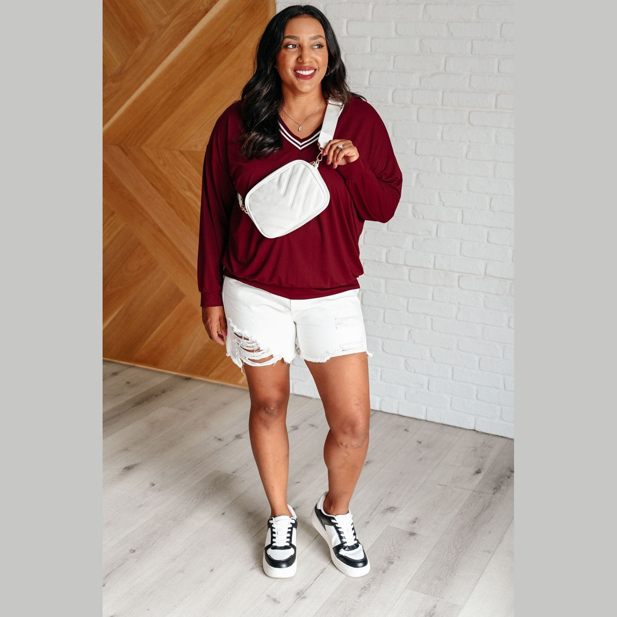 All Out Comfort V-Neck Pullover in Red Merlot