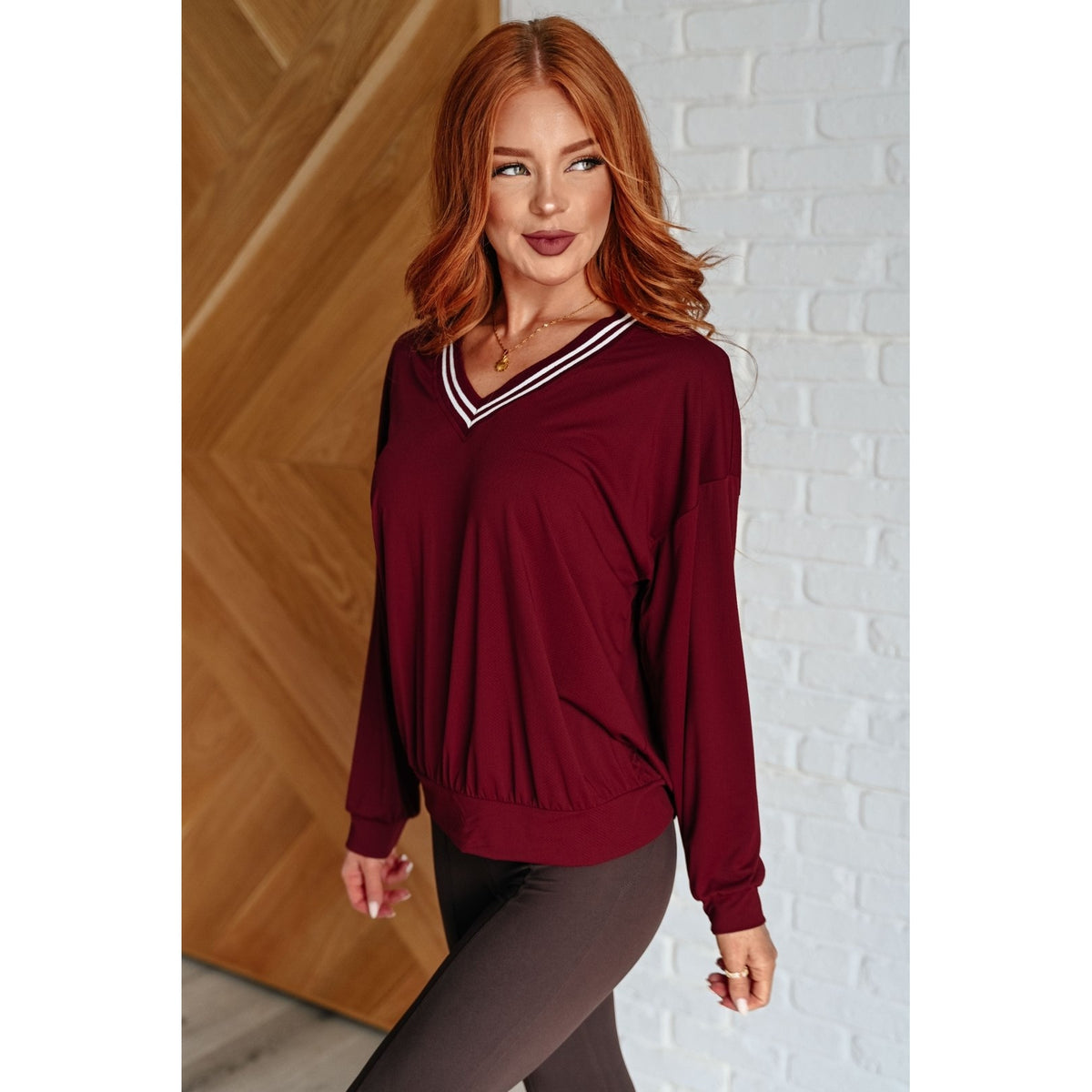 All Out Comfort V-Neck Pullover in Red Merlot