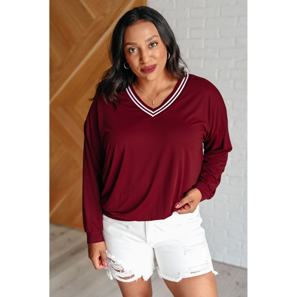 All Out Comfort V-Neck Pullover in Red Merlot