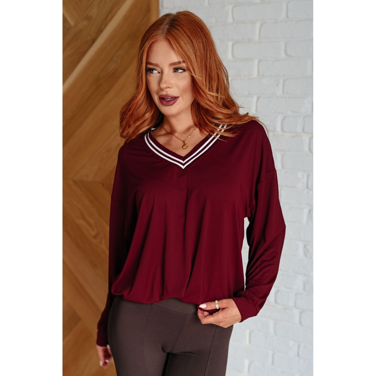 All Out Comfort V-Neck Pullover in Red Merlot