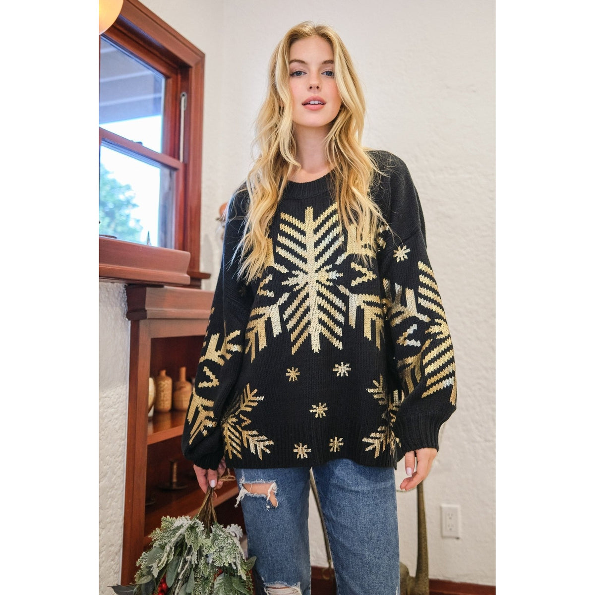 And The Why Foil Snowflake Round Neck Sweater