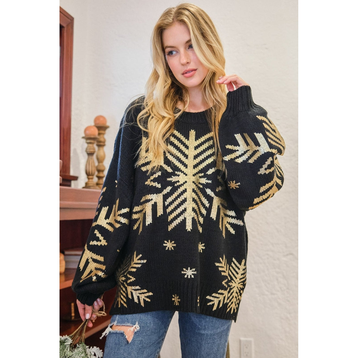 And The Why Foil Snowflake Round Neck Sweater