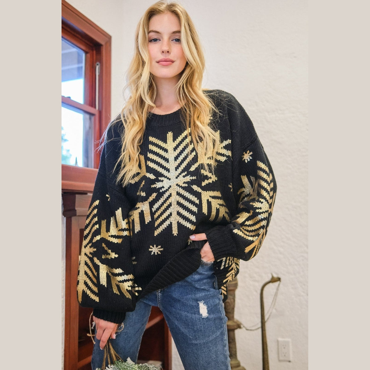 And The Why Foil Snowflake Round Neck Sweater