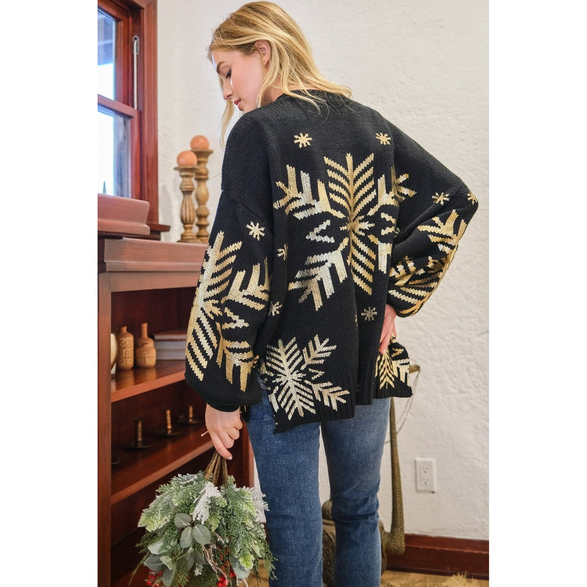 And The Why Foil Snowflake Round Neck Sweater