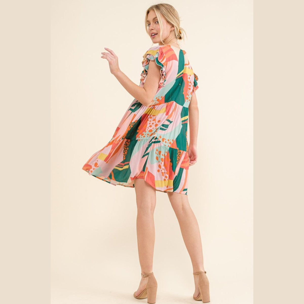 And The Why Printed Double Ruffle Sleeve Dress