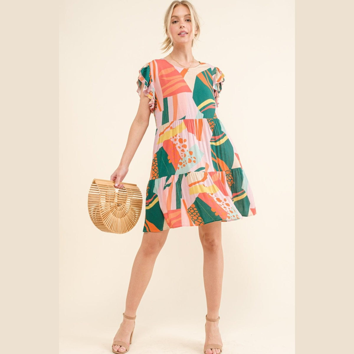 And The Why Printed Double Ruffle Sleeve Dress