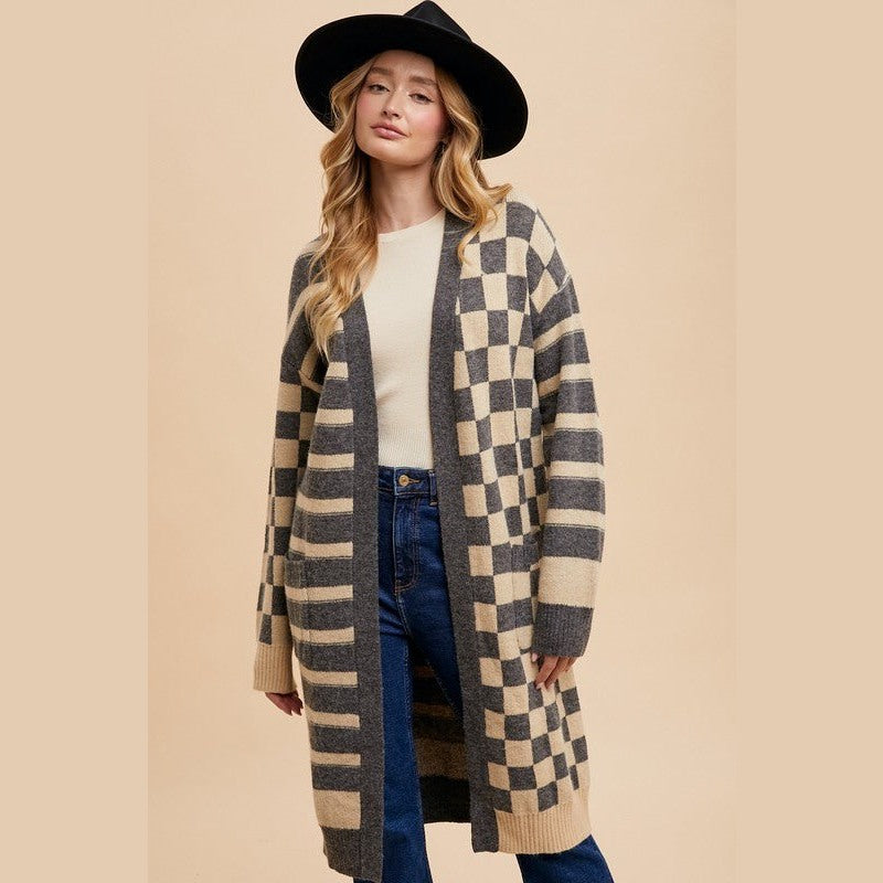 Annie Wear Checkered & Striped Open Front Long Sleeve Cardigan