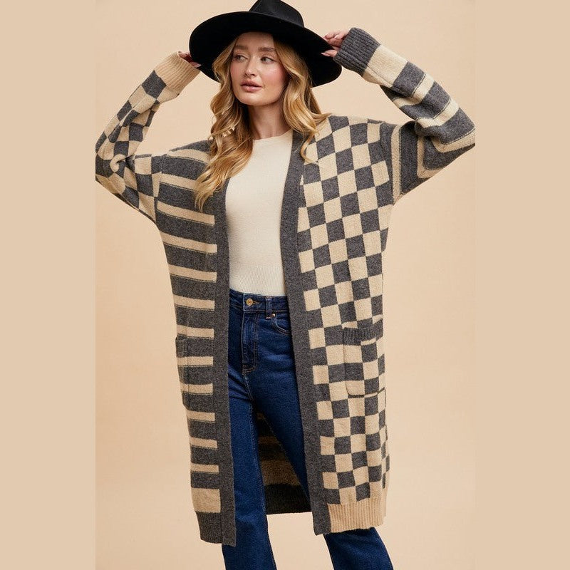 Annie Wear Checkered & Striped Open Front Long Sleeve Cardigan