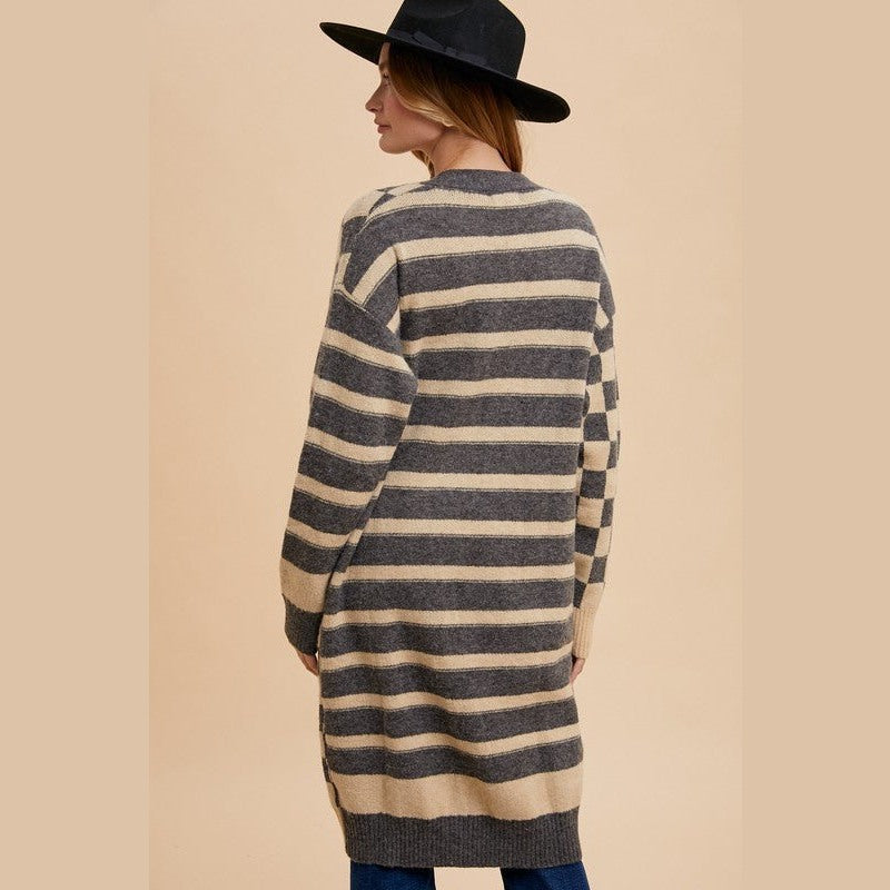 Annie Wear Checkered & Striped Open Front Long Sleeve Cardigan