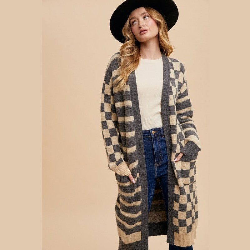 Annie Wear Checkered & Striped Open Front Long Sleeve Cardigan