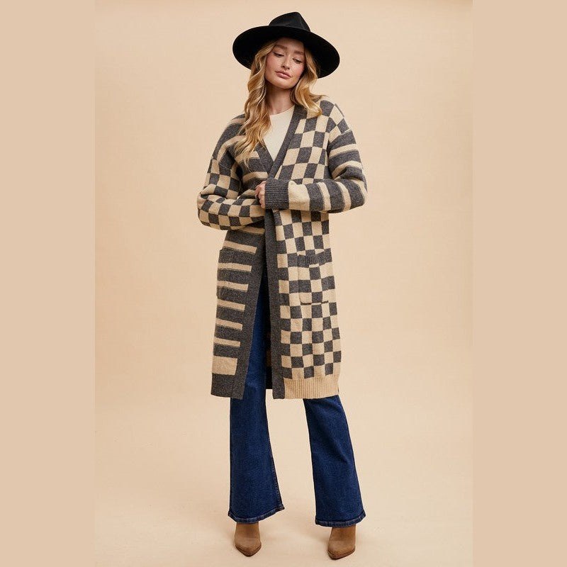 Annie Wear Checkered & Striped Open Front Long Sleeve Cardigan