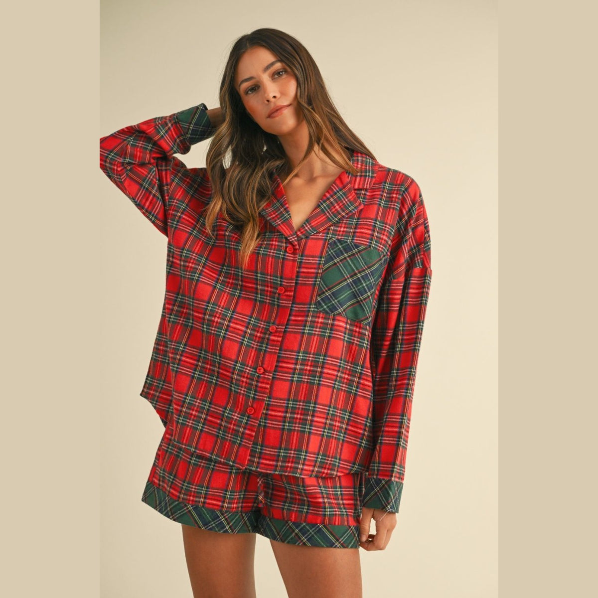 Annie Wear Contrast Plaid Long Sleeve Top and Shorts Set