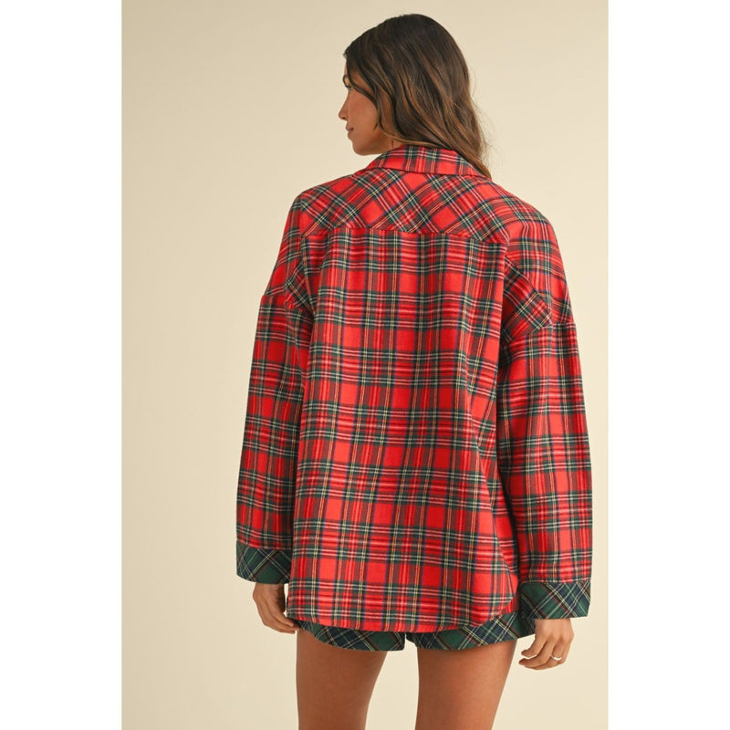 Annie Wear Contrast Plaid Long Sleeve Top and Shorts Set