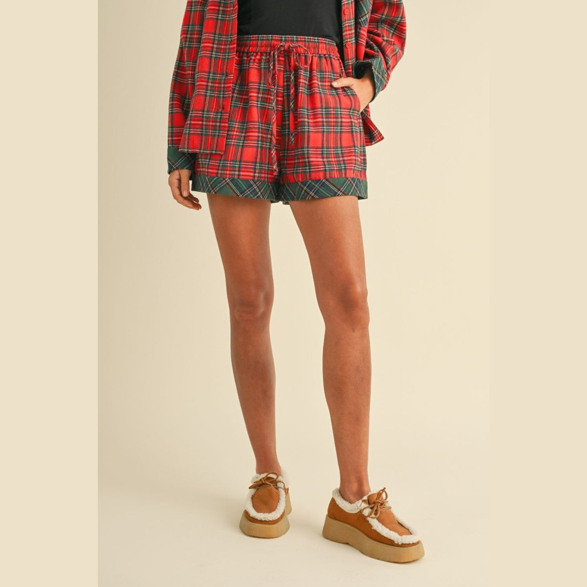 Annie Wear Contrast Plaid Long Sleeve Top and Shorts Set