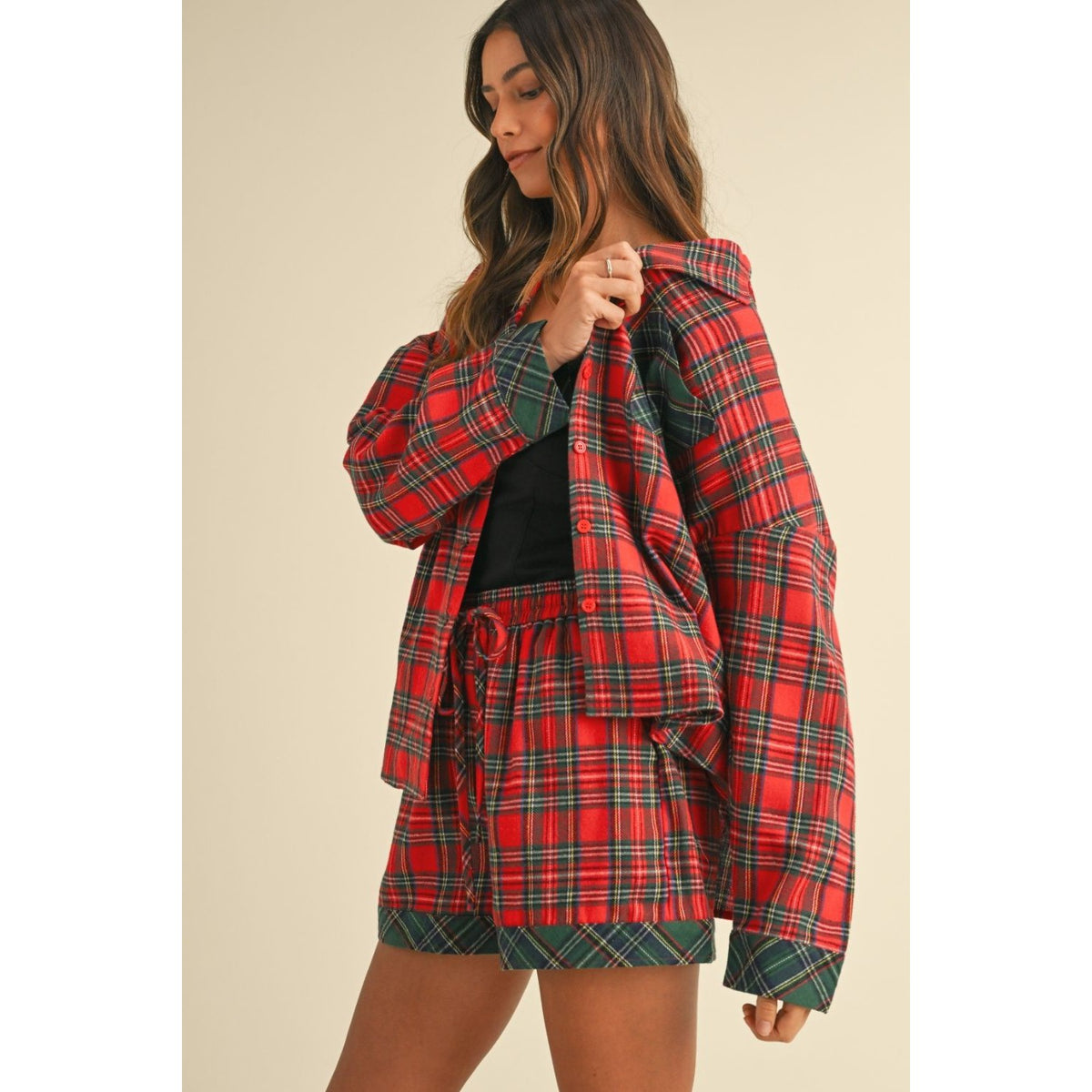 Annie Wear Contrast Plaid Long Sleeve Top and Shorts Set