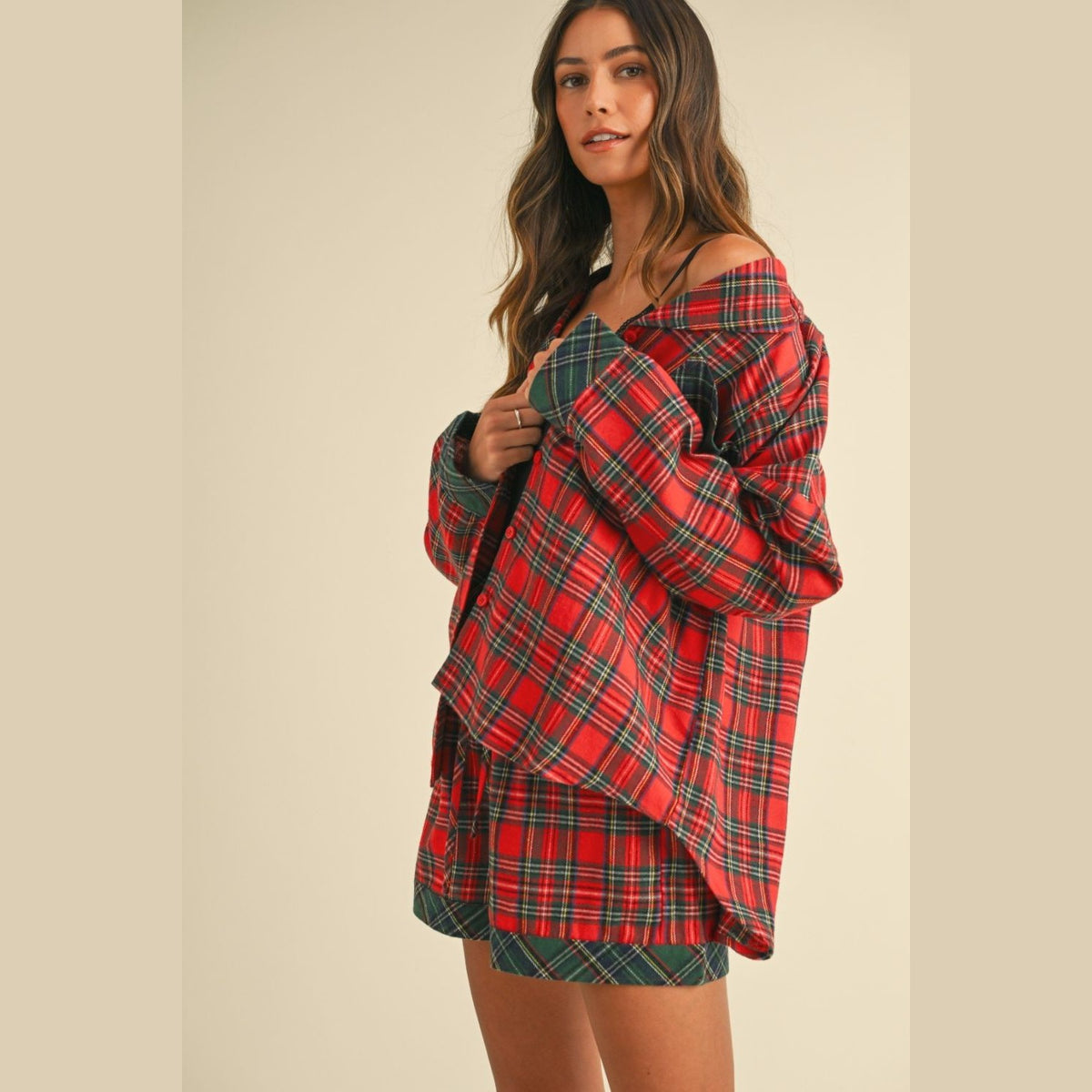 Annie Wear Contrast Plaid Long Sleeve Top and Shorts Set