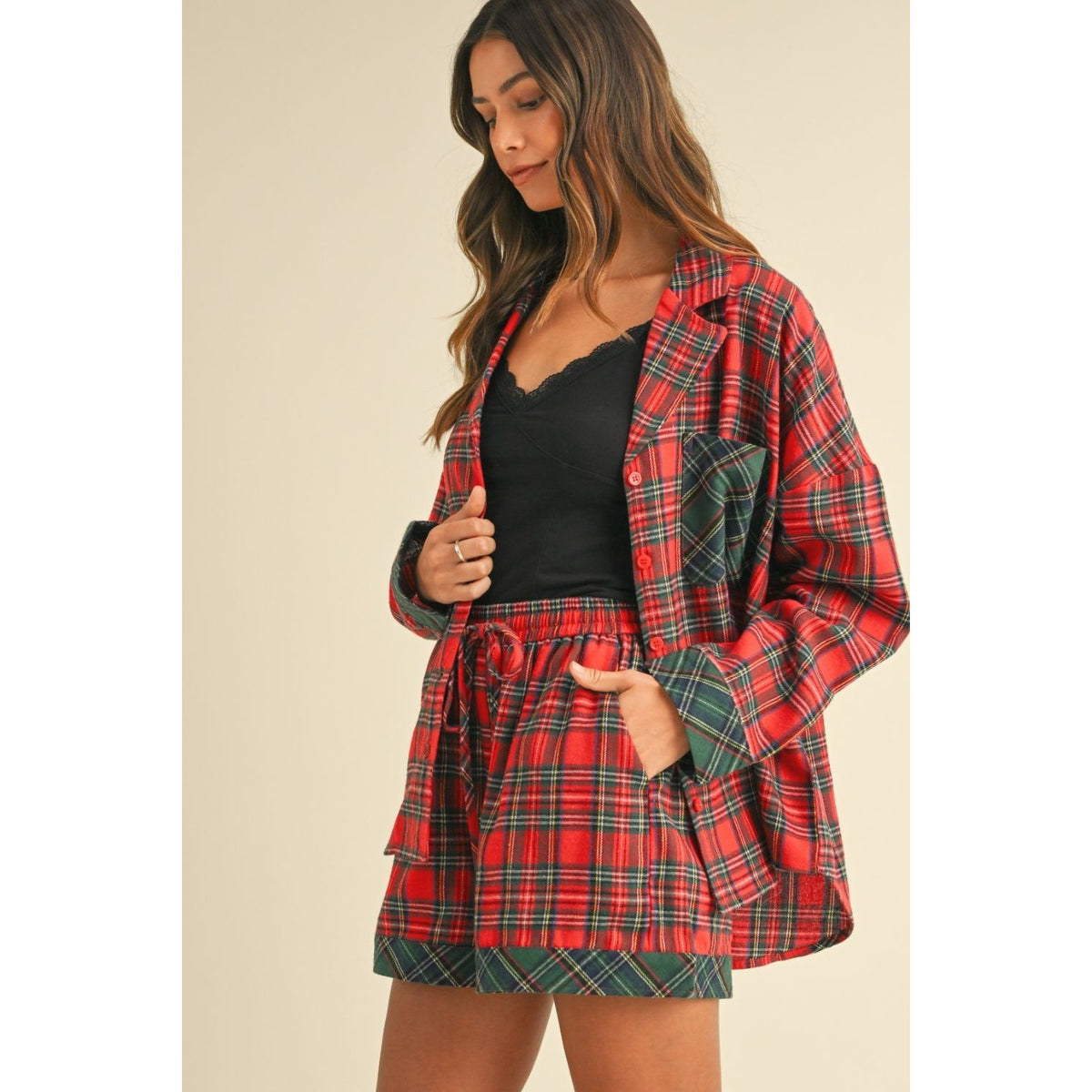 Annie Wear Contrast Plaid Long Sleeve Top and Shorts Set