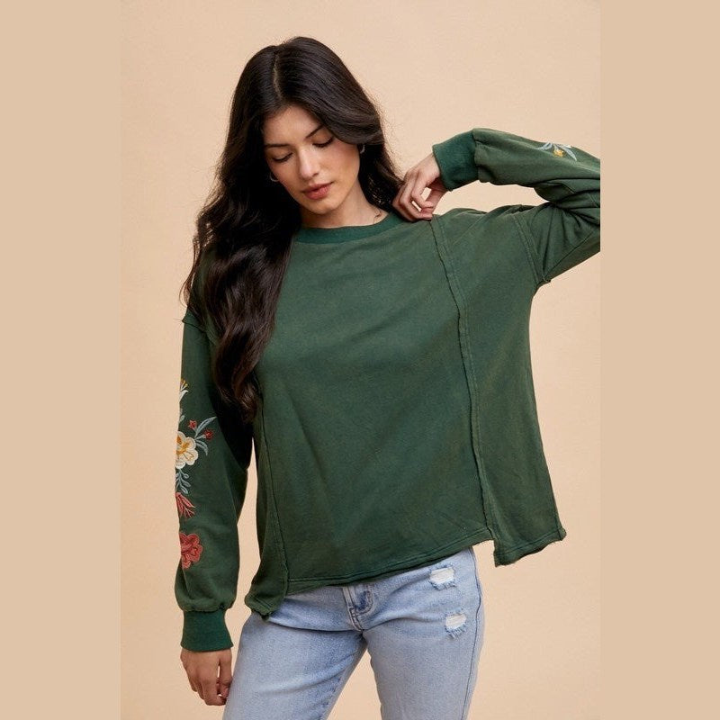 Annie Wear Embroidered Long Sleeve French Terry Top