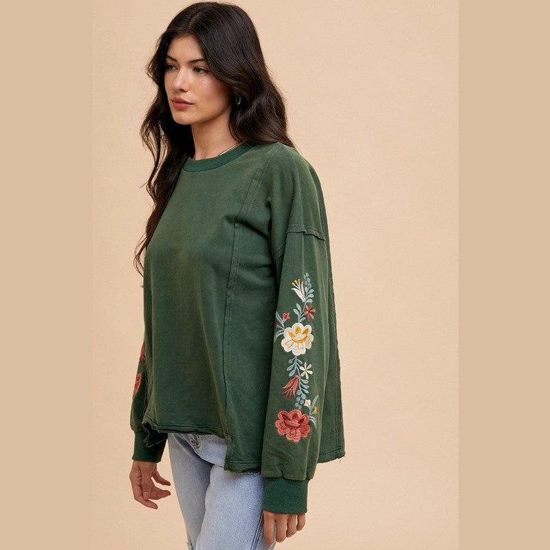 Annie Wear Embroidered Long Sleeve French Terry Top