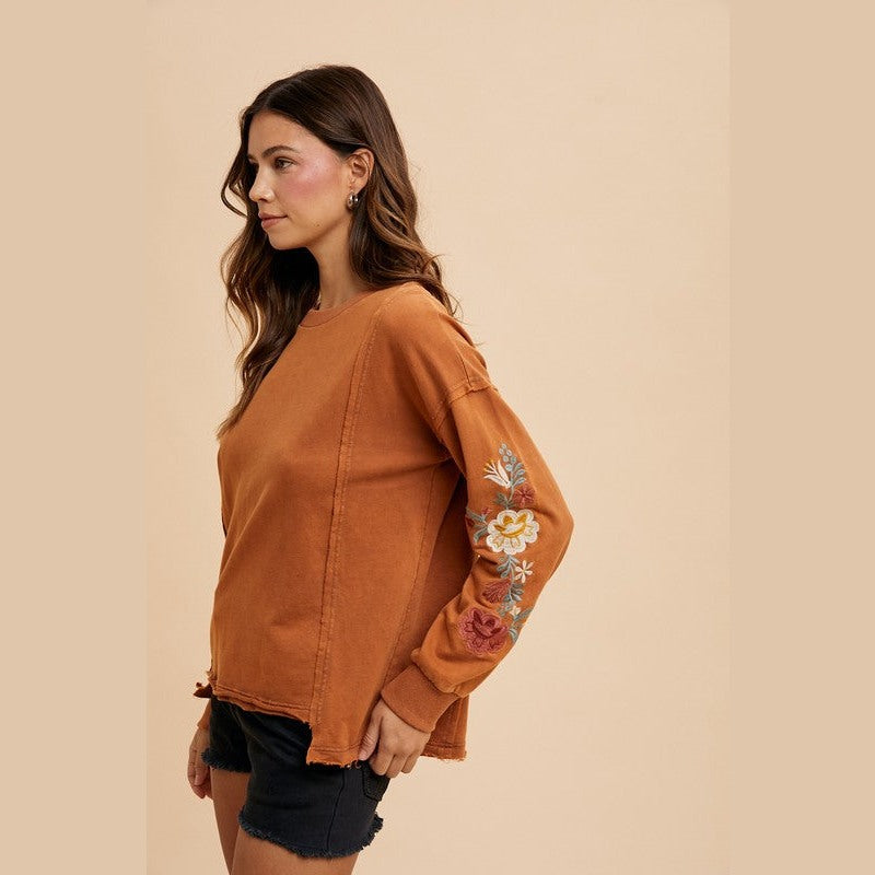 Annie Wear Embroidered Long Sleeve French Terry Top