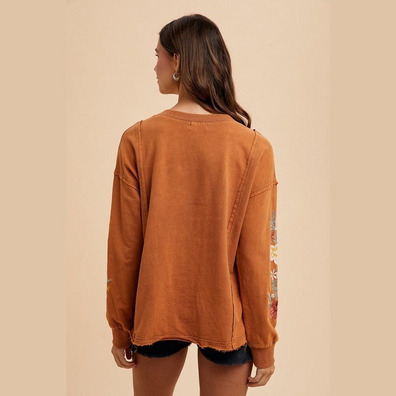 Annie Wear Embroidered Long Sleeve French Terry Top