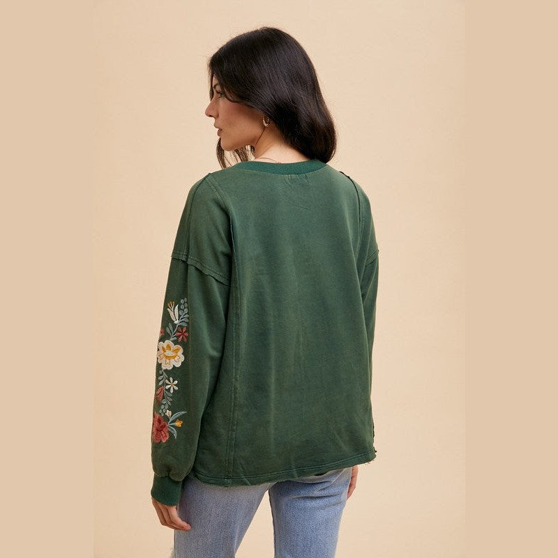 Annie Wear Embroidered Long Sleeve French Terry Top