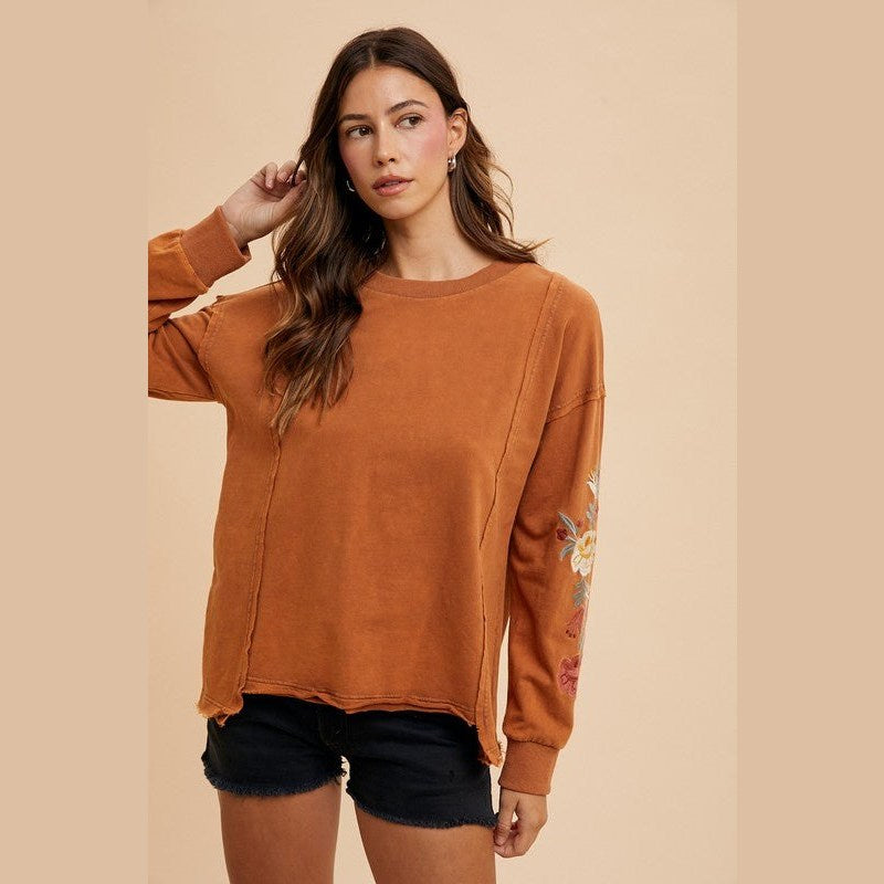 Annie Wear Embroidered Long Sleeve French Terry Top