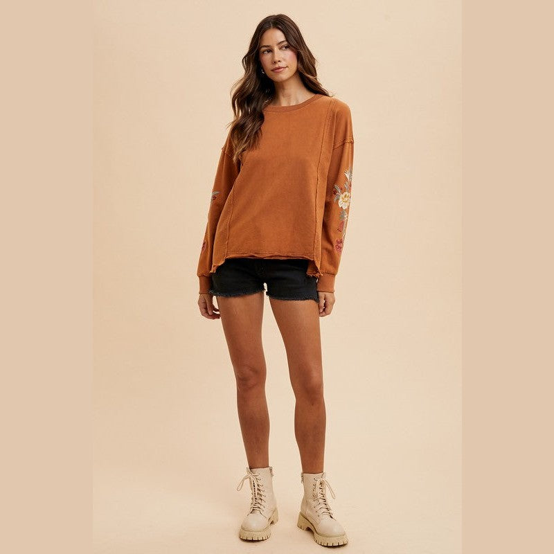 Annie Wear Embroidered Long Sleeve French Terry Top