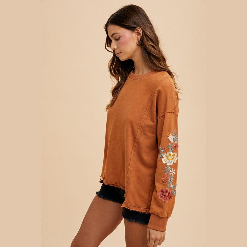 Annie Wear Embroidered Long Sleeve French Terry Top