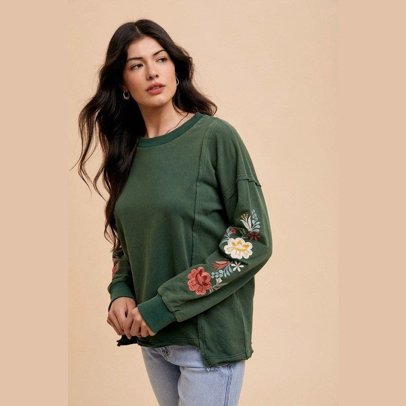 Annie Wear Embroidered Long Sleeve French Terry Top