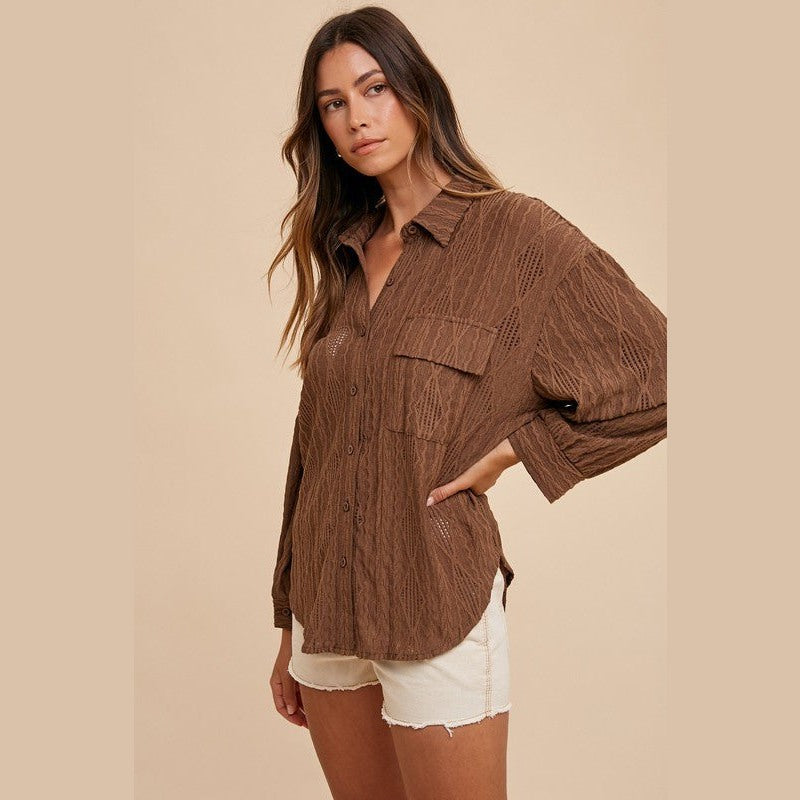 Annie Wear Openwork Button Down Drop Shoulder Shirt