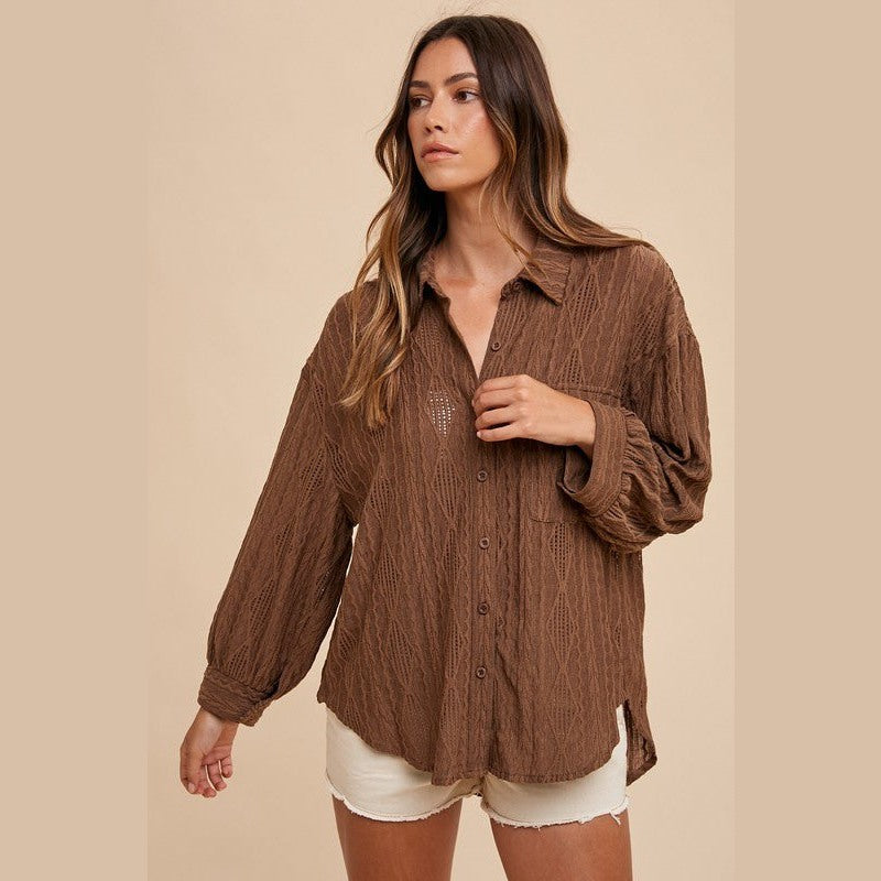 Annie Wear Openwork Button Down Drop Shoulder Shirt