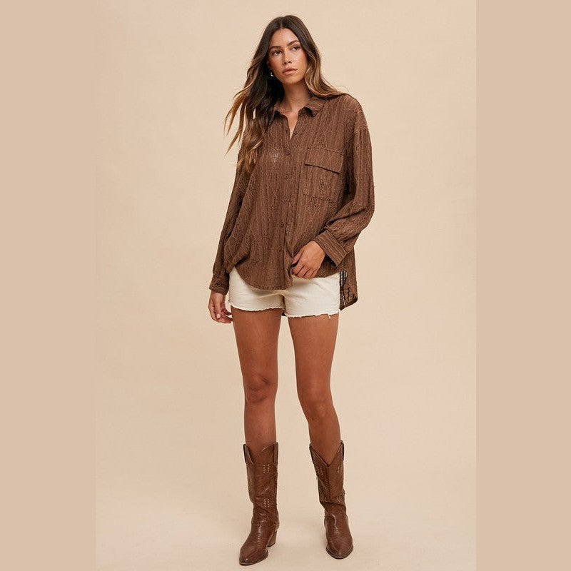 Annie Wear Openwork Button Down Drop Shoulder Shirt