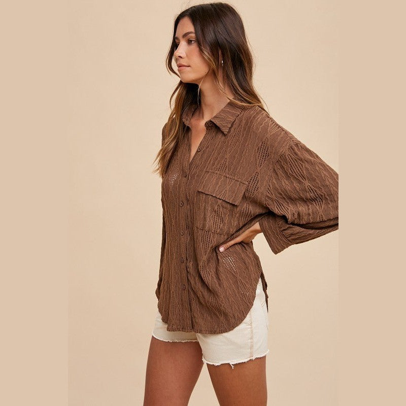 Annie Wear Openwork Button Down Drop Shoulder Shirt