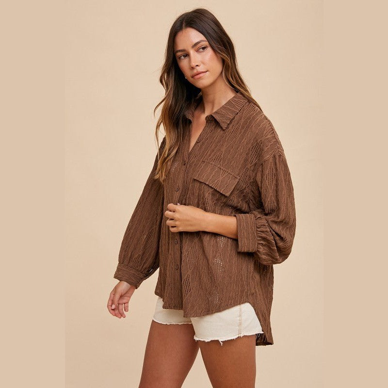 Annie Wear Openwork Button Down Drop Shoulder Shirt