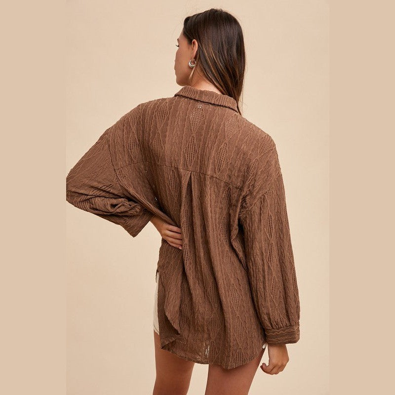 Annie Wear Openwork Button Down Drop Shoulder Shirt