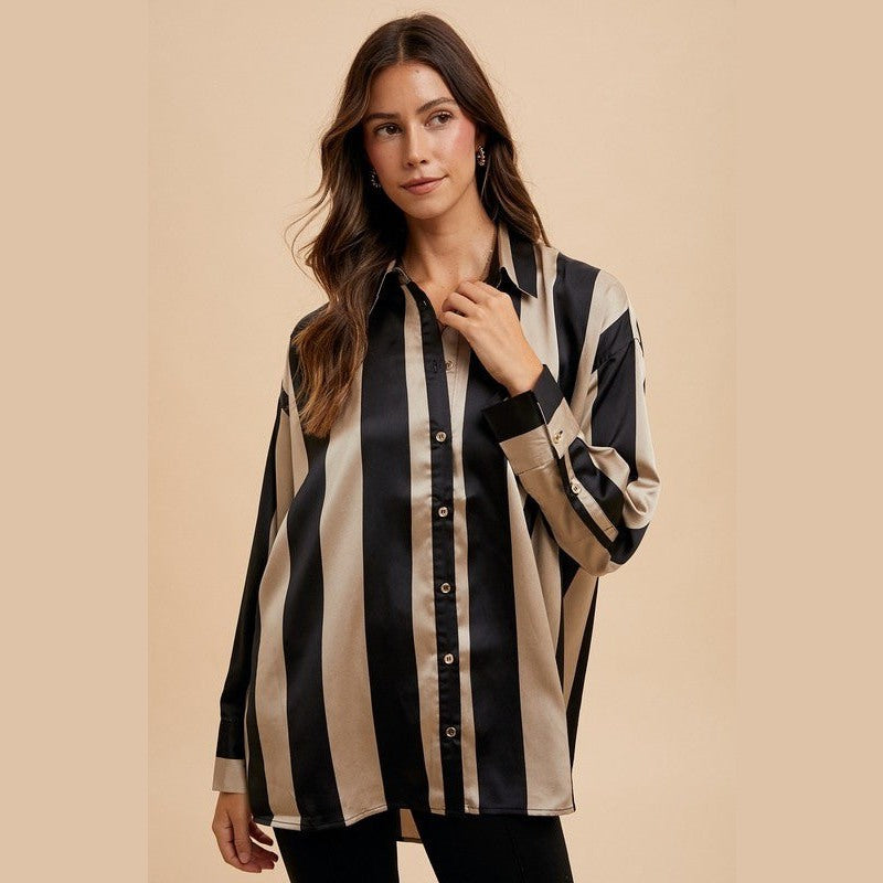 Annie Wear Striped Dropped Shoulder Button Up Shirt