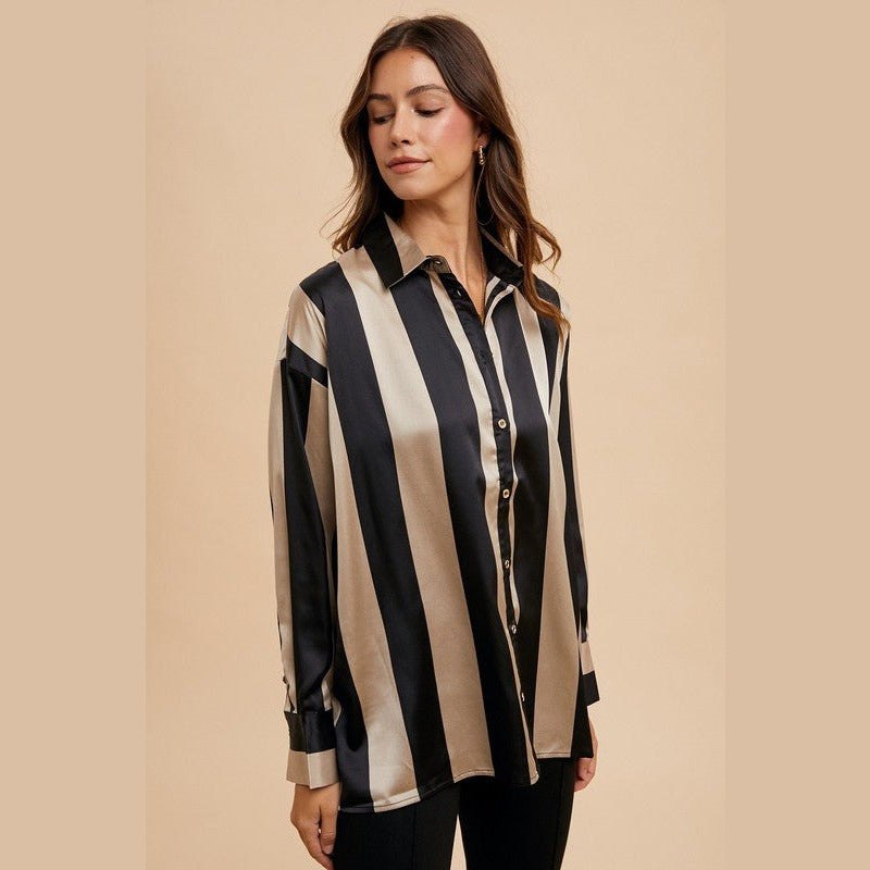 Annie Wear Striped Dropped Shoulder Button Up Shirt