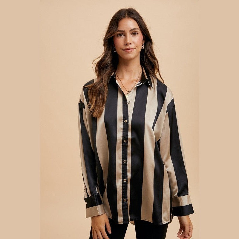 Annie Wear Striped Dropped Shoulder Button Up Shirt