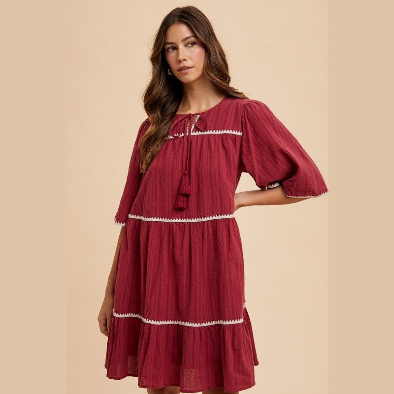 Annie Wear Tassel Contrast Trim Tie Neck Half Sleeve Tiered Dress