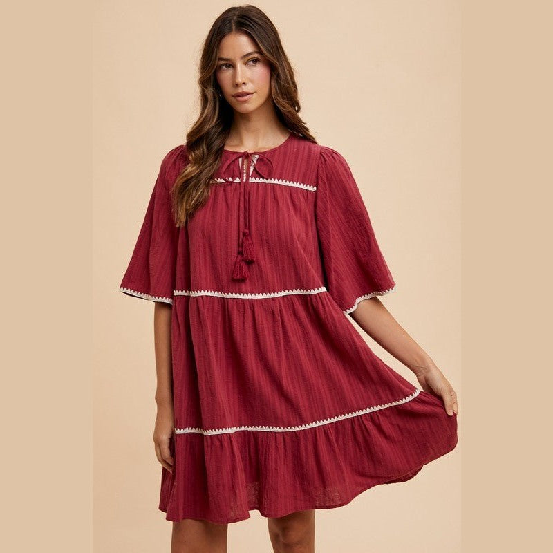 Annie Wear Tassel Contrast Trim Tie Neck Half Sleeve Tiered Dress